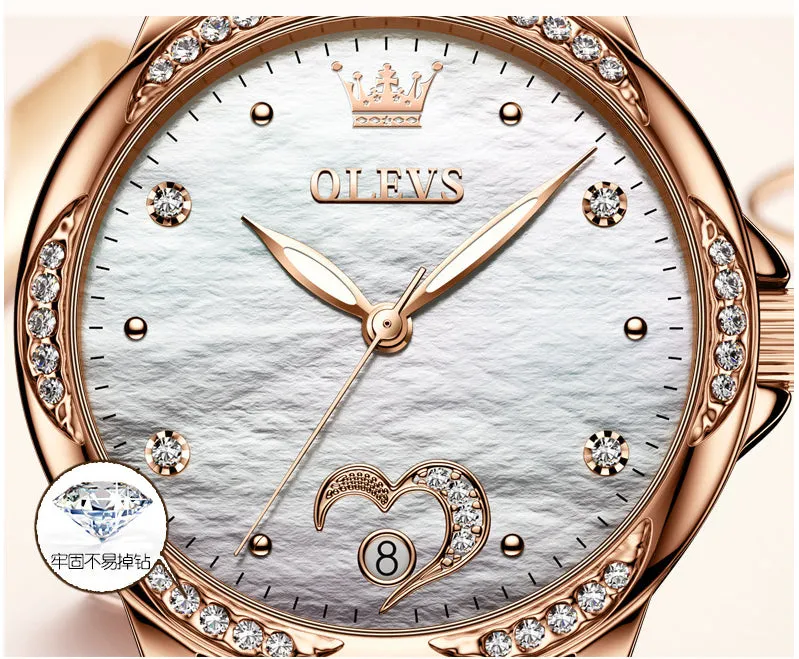 Olevs ladies luminous ceramic watch with rose shell dial, 12mm thickness