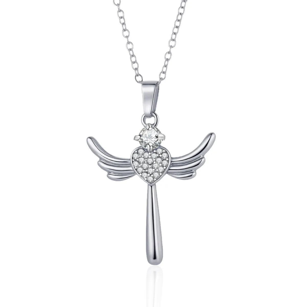 Silver heart-shaped angel wings pendant clavicle chain necklace for women, titanium steel and alloy, cross design, affordable luxury style