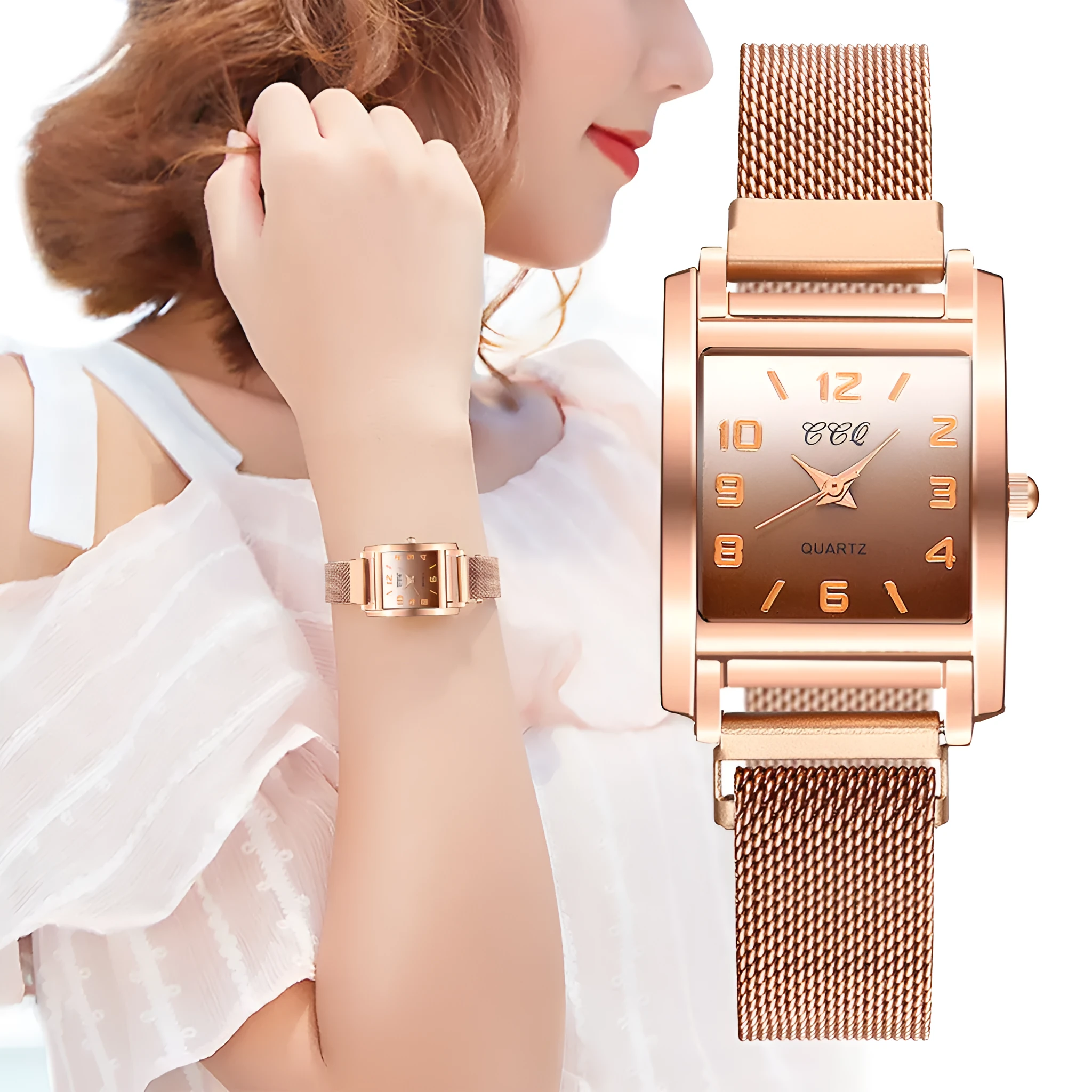 Magnetic buckle casual quartz female watch in rose gold with rectangular alloy dial