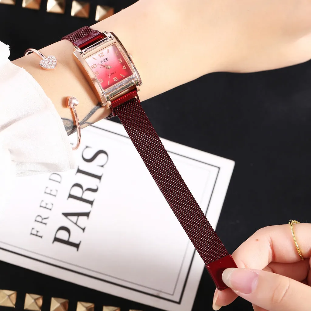 Magnetic buckle casual quartz female watch in rose gold with rectangular alloy dial