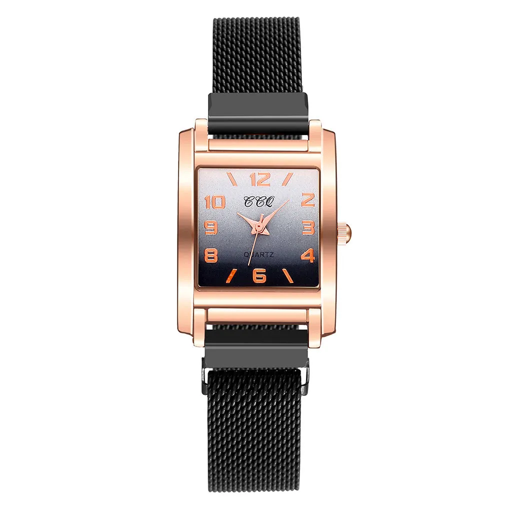 Magnetic buckle casual quartz female watch in rose gold with rectangular alloy dial