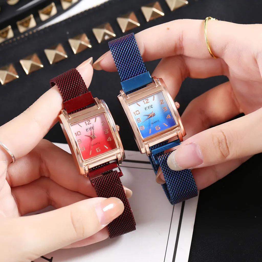 Magnetic buckle casual quartz female watch in rose gold with rectangular alloy dial