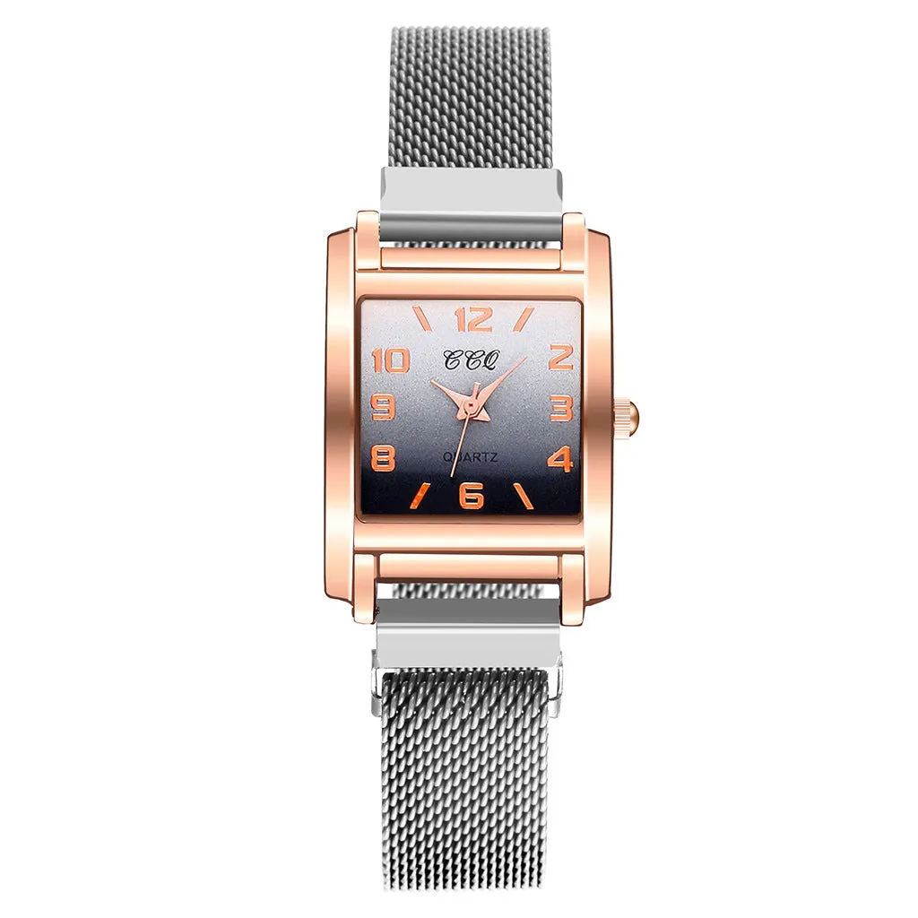 Magnetic buckle casual quartz female watch in rose gold with rectangular alloy dial