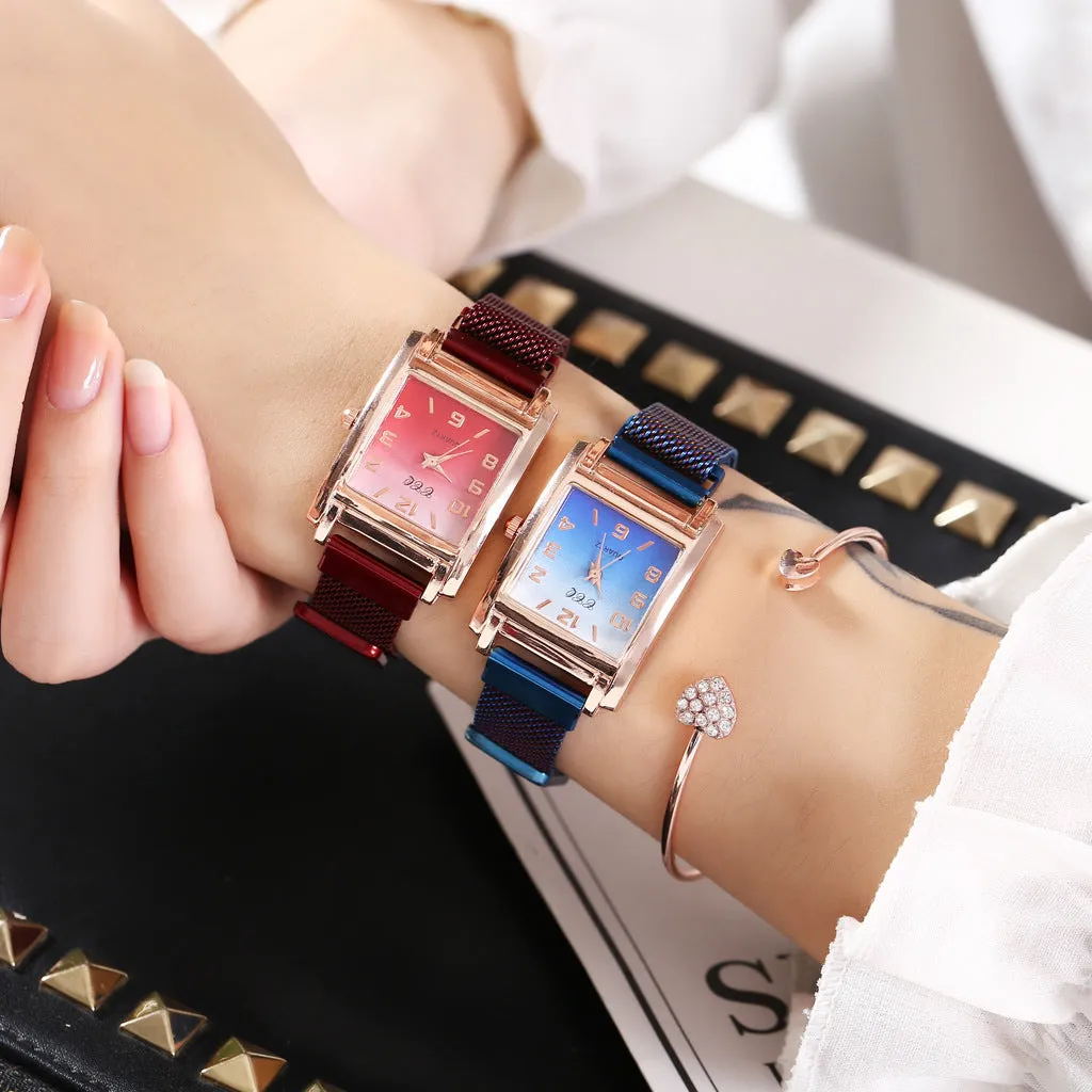 Magnetic buckle casual quartz female watch in rose gold with rectangular alloy dial