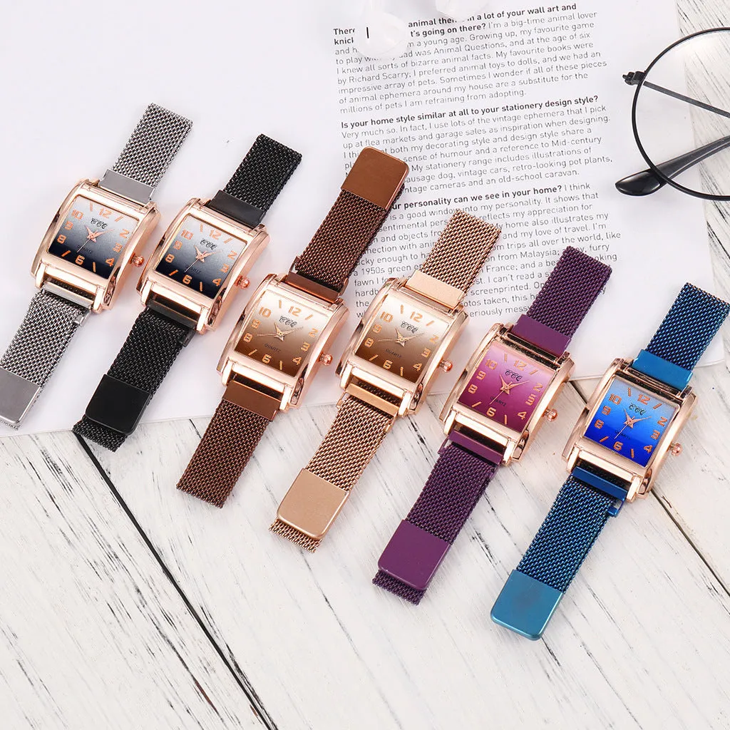 Magnetic buckle casual quartz female watch in rose gold with rectangular alloy dial