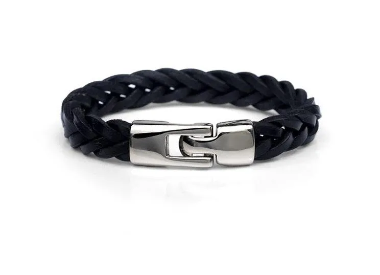Hand-woven leather and alloy bracelet in vintage style, 21cm length, black colour