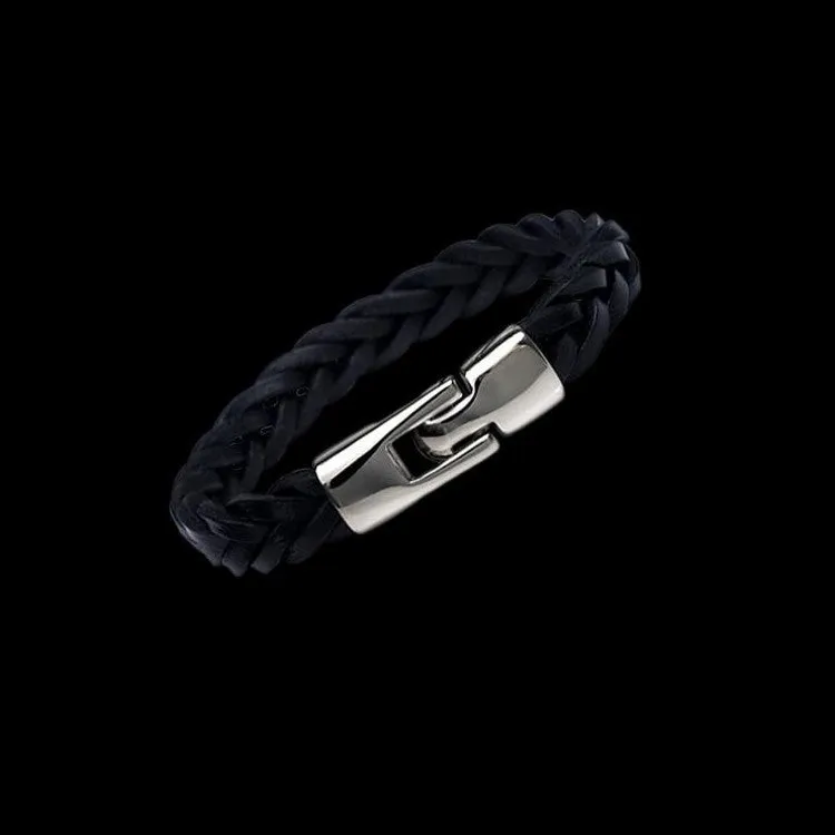 Hand-woven leather and alloy bracelet in vintage style, 21cm length, black colour