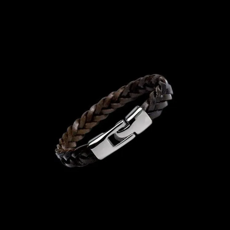 Hand-woven leather and alloy bracelet in vintage style, 21cm length, black colour