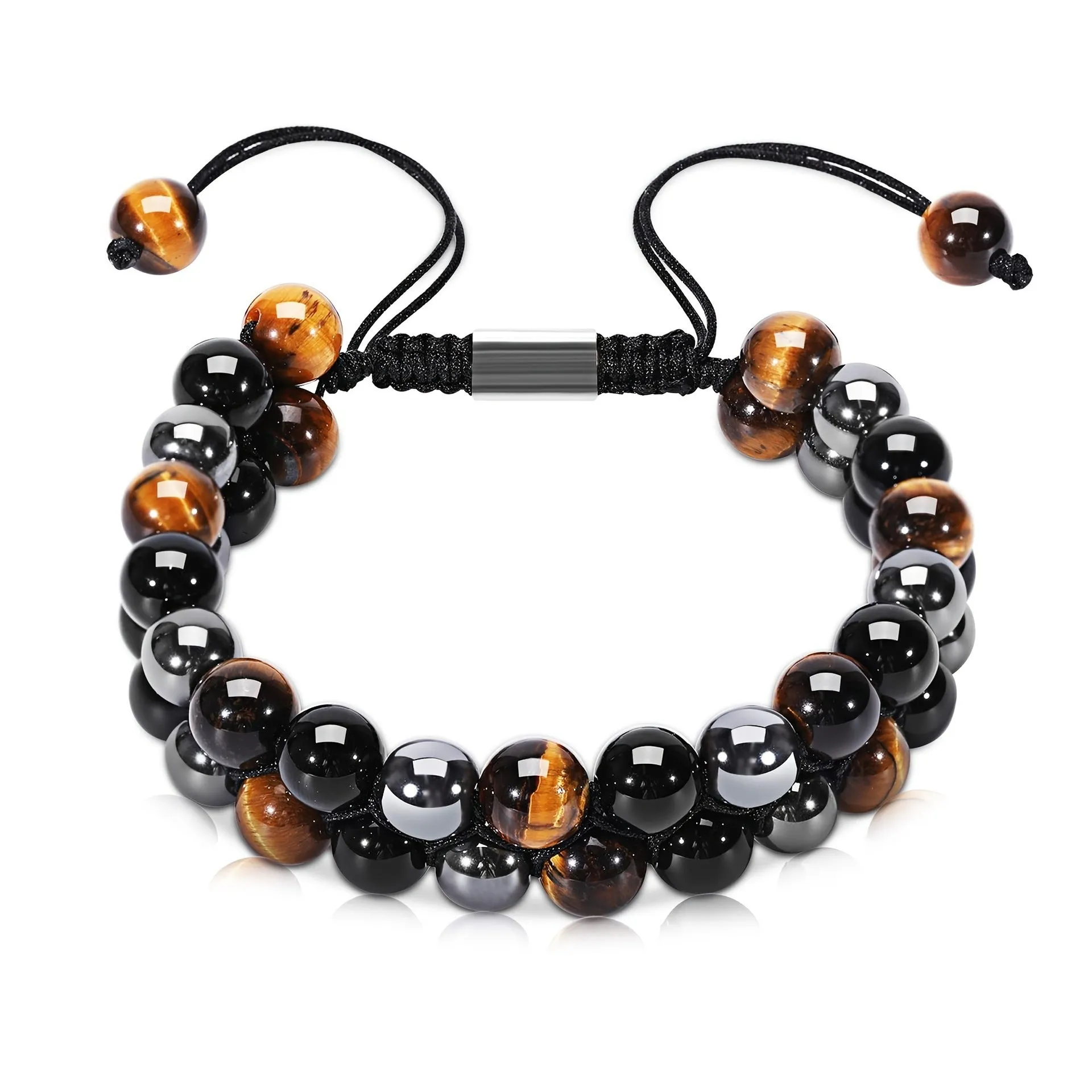 Handmade alloy bracelet with tiger's eye beads and an auspicious elephant charm in multiple colour options.