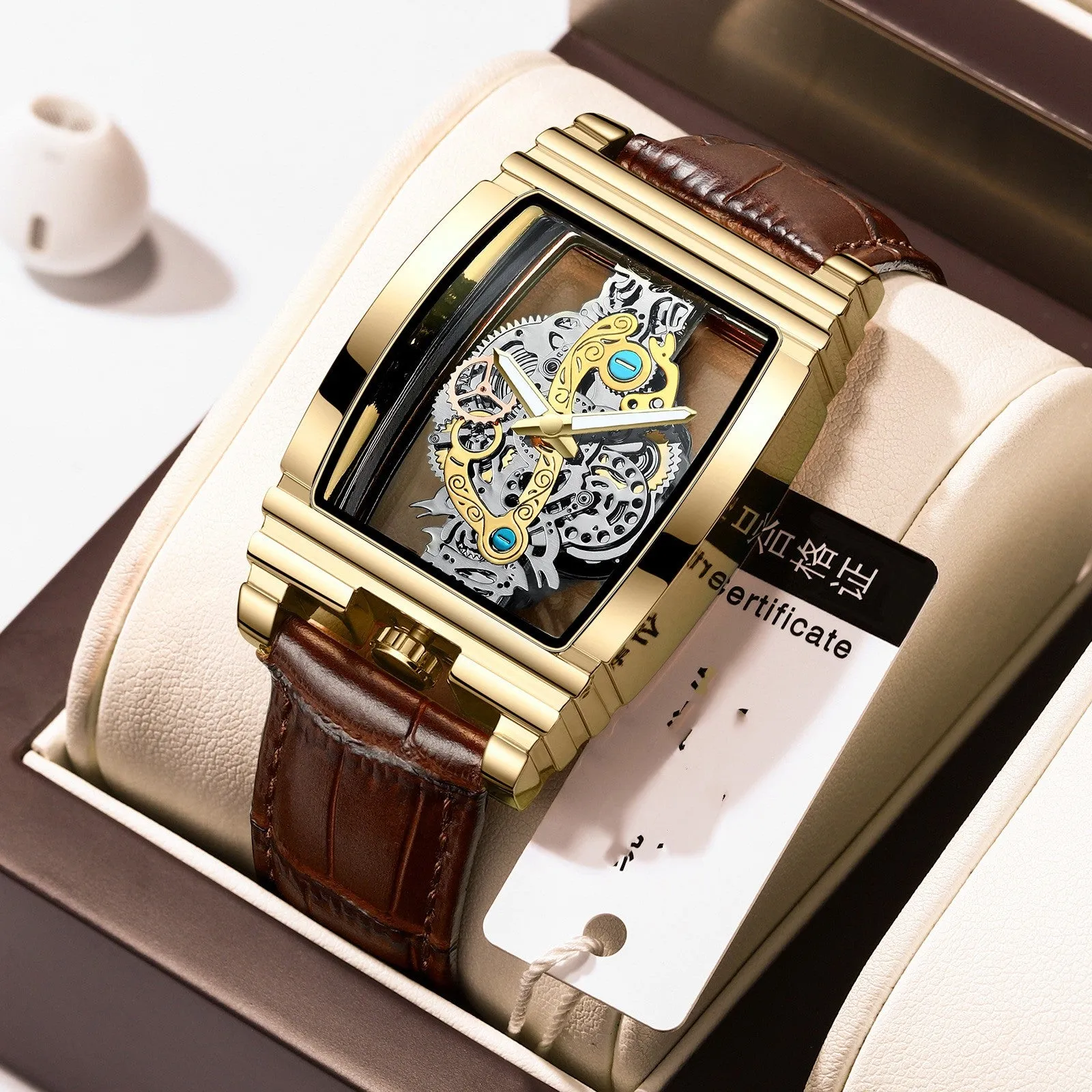 Business casual quartz watch stainless steel mesh strap 51mm dial coated glass mirror spiral crown