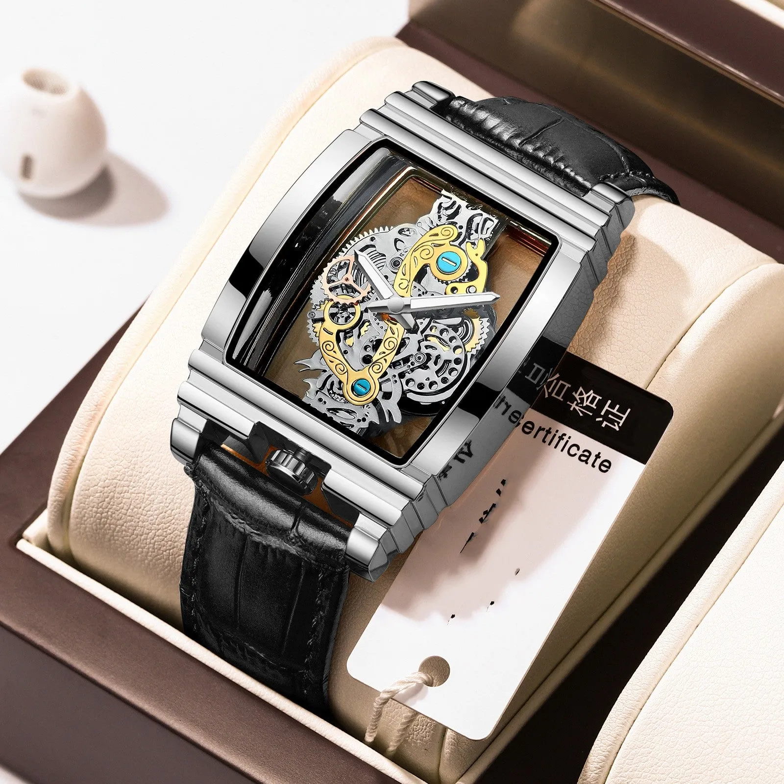 Business casual quartz watch stainless steel mesh strap 51mm dial coated glass mirror spiral crown