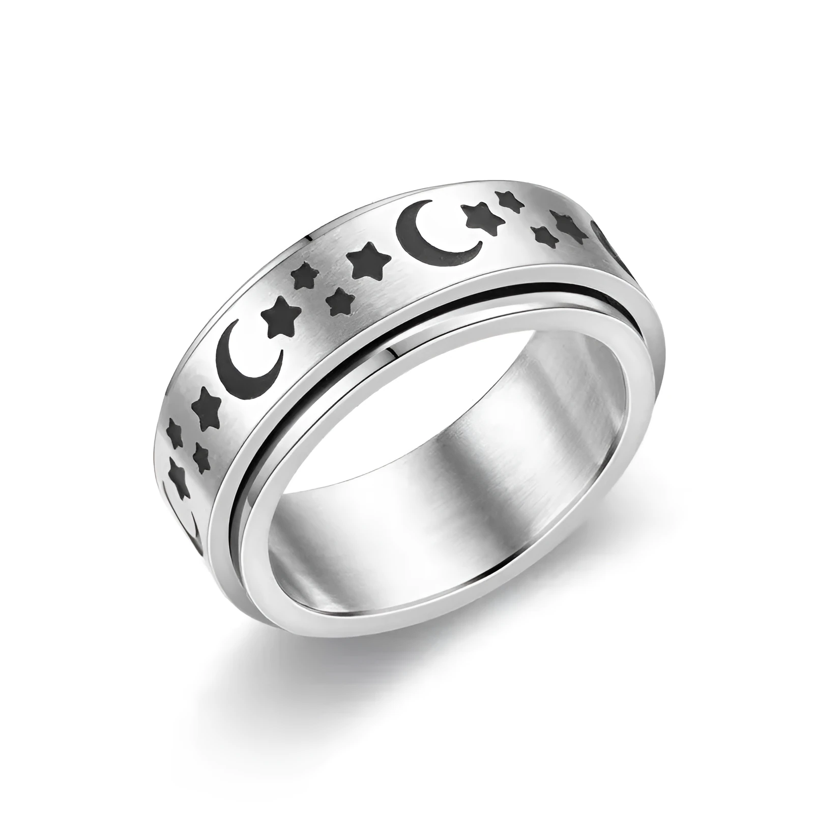 Stars And Moon geometric stainless steel rotatable ring in black star moon finish on a plain background