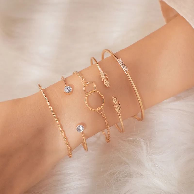 5 piece leaf circle geometric bangle set in gold and silver for women