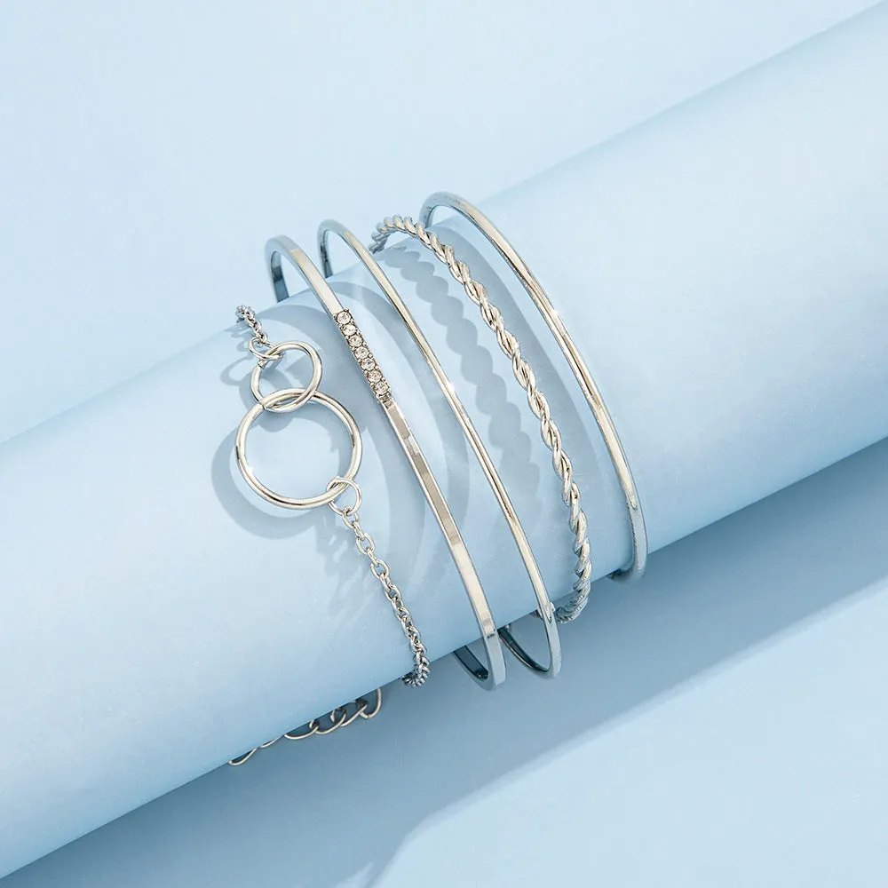 5 piece leaf circle geometric bangle set in gold and silver for women