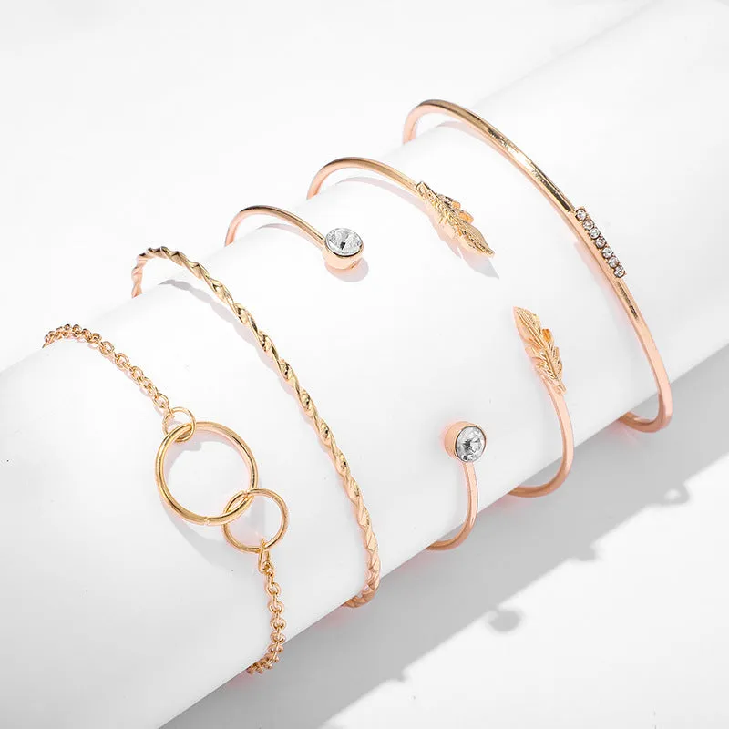 5 piece leaf circle geometric bangle set in gold and silver for women