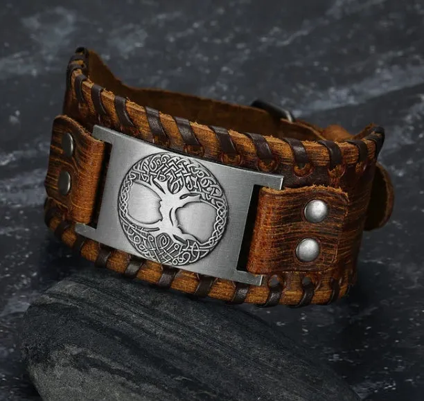 Asgard Crafted Leather Buckle Arm Cuff with Metal Celtic Tree of Life Design in Gold Black