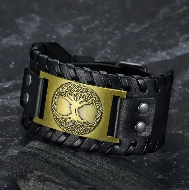 Asgard Crafted Leather Buckle Arm Cuff with Metal Celtic Tree of Life Design in Gold Black
