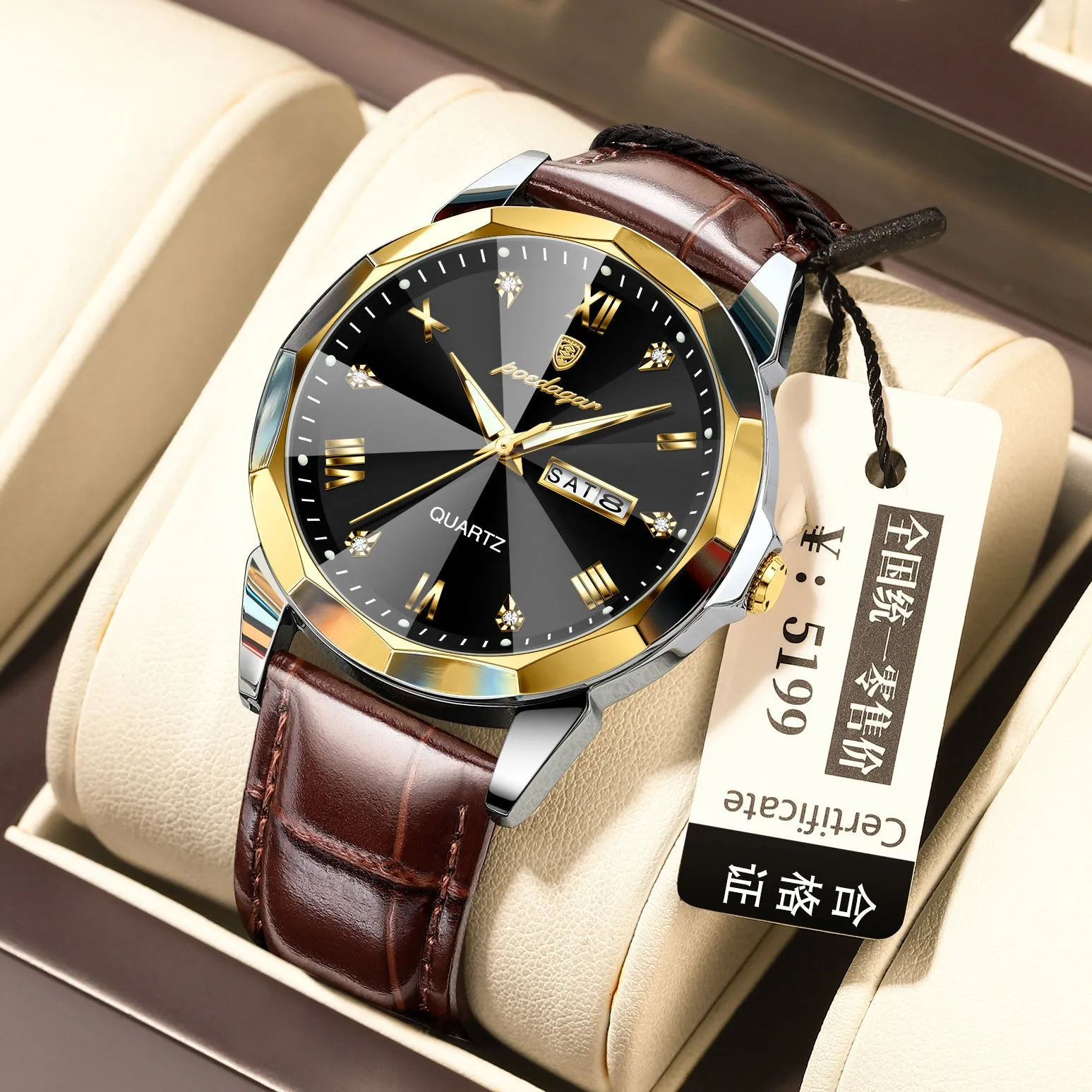 Men's belt style luminous quartz watch with genuine leather strap and round alloy case on display