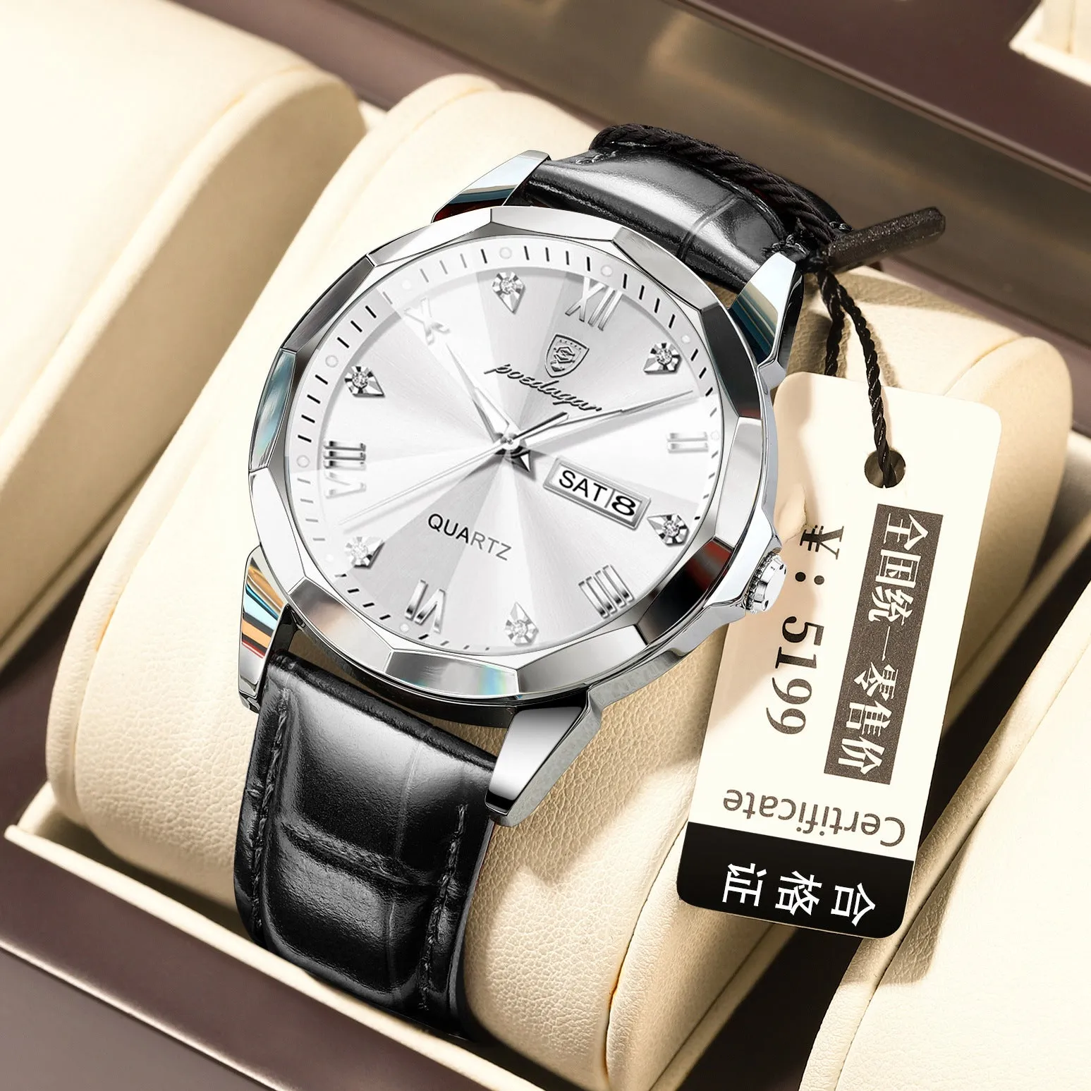 Men's belt style luminous quartz watch with genuine leather strap and round alloy case on display