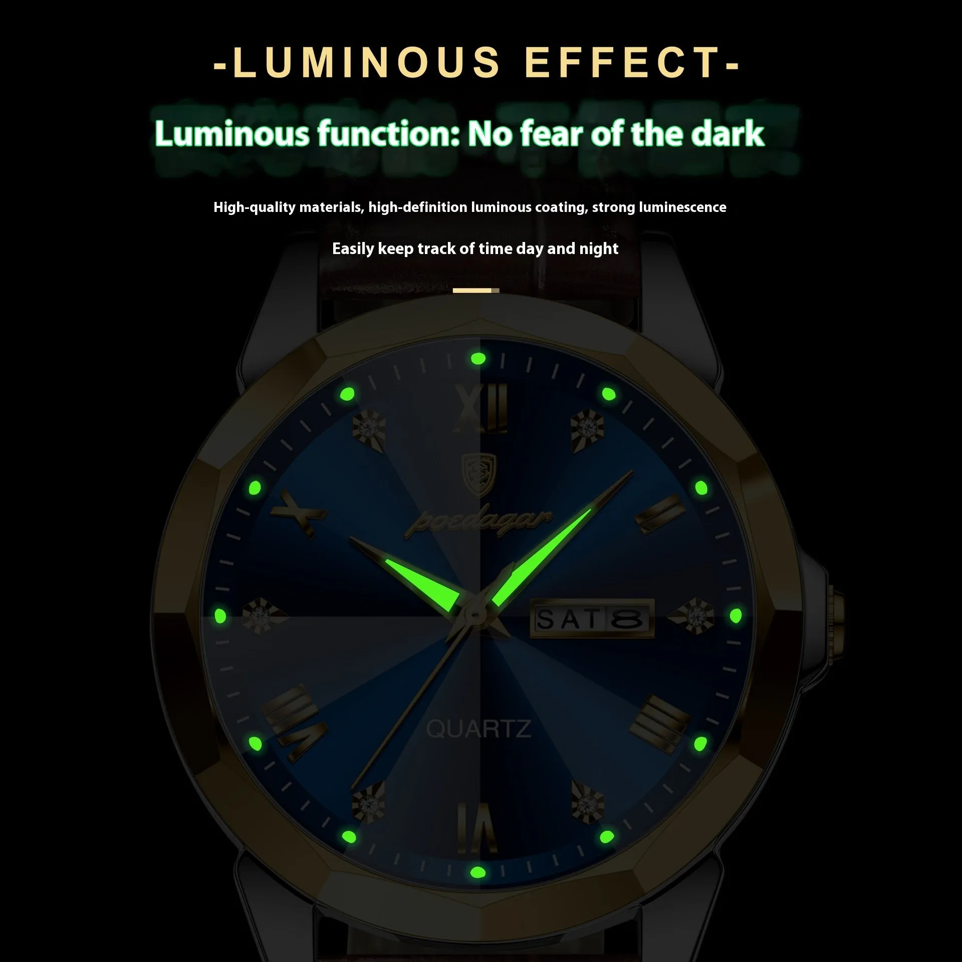 Men's belt style luminous quartz watch with genuine leather strap and round alloy case on display