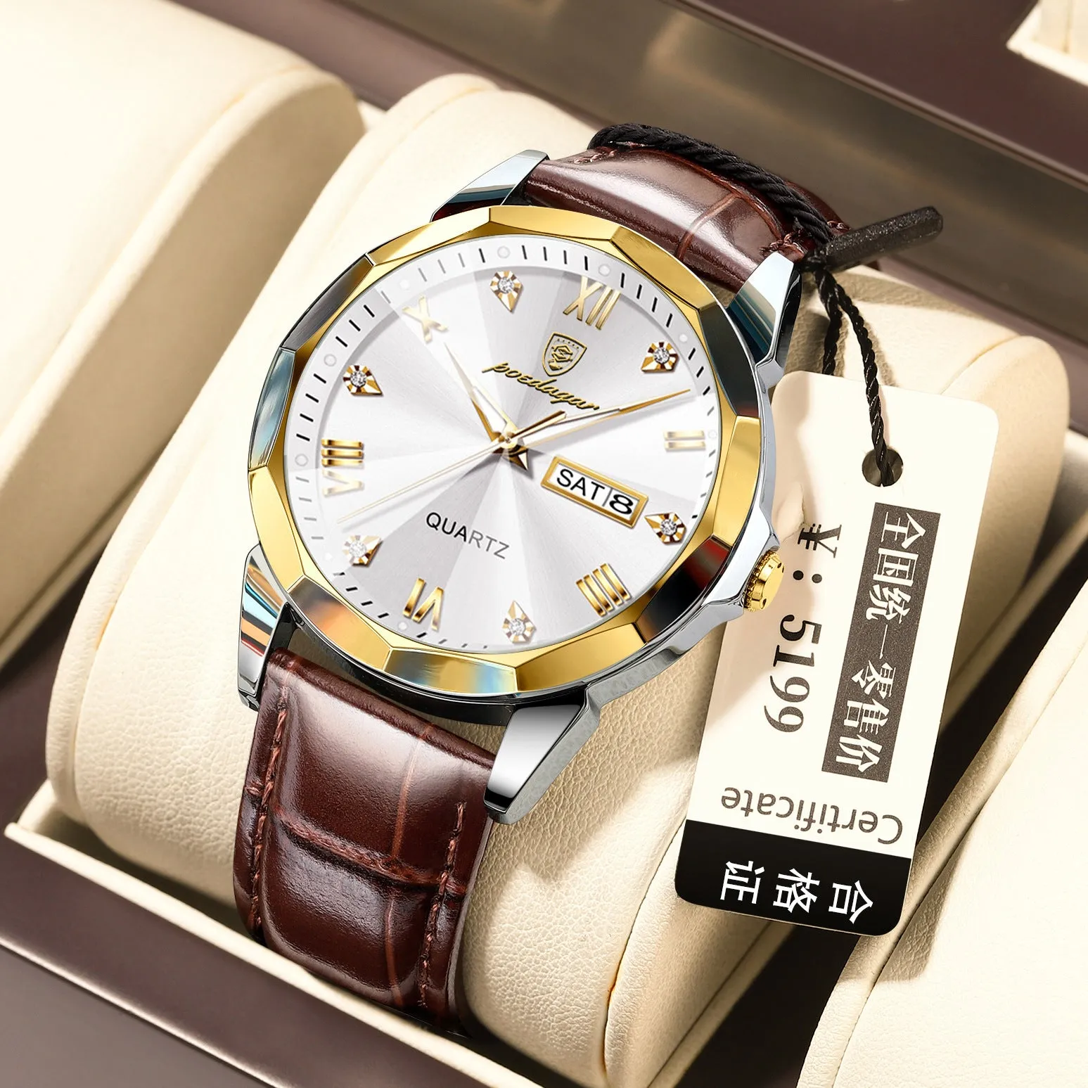 Men's belt style luminous quartz watch with genuine leather strap and round alloy case on display