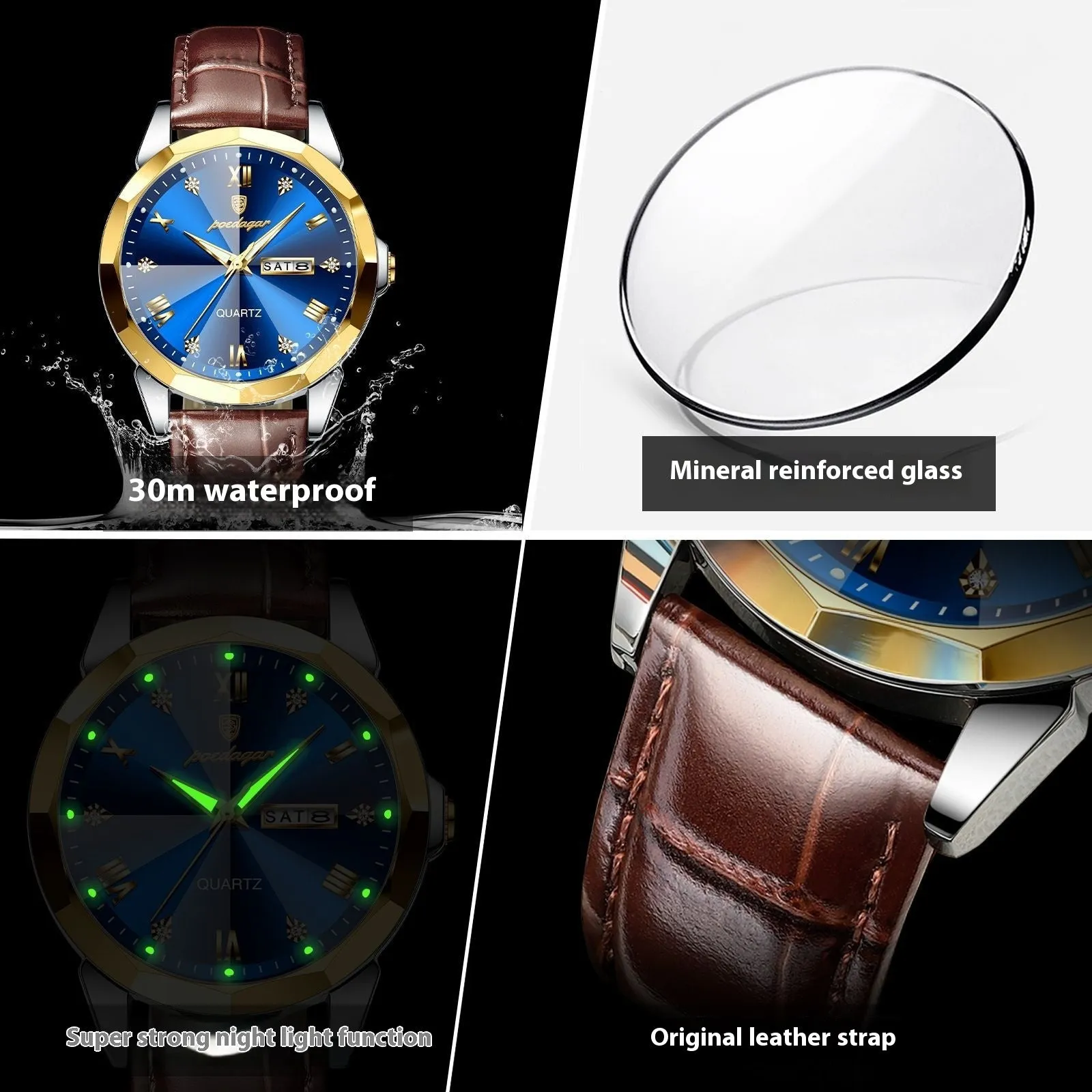 Men's belt style luminous quartz watch with genuine leather strap and round alloy case on display