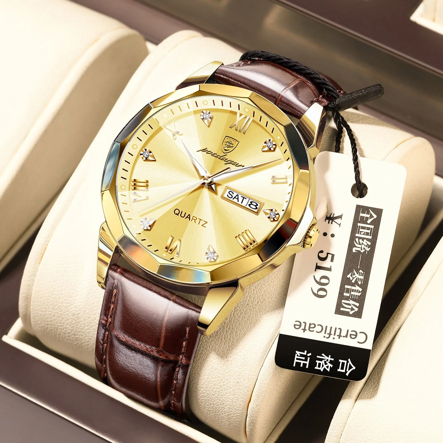 Men's belt style luminous quartz watch with genuine leather strap and round alloy case on display