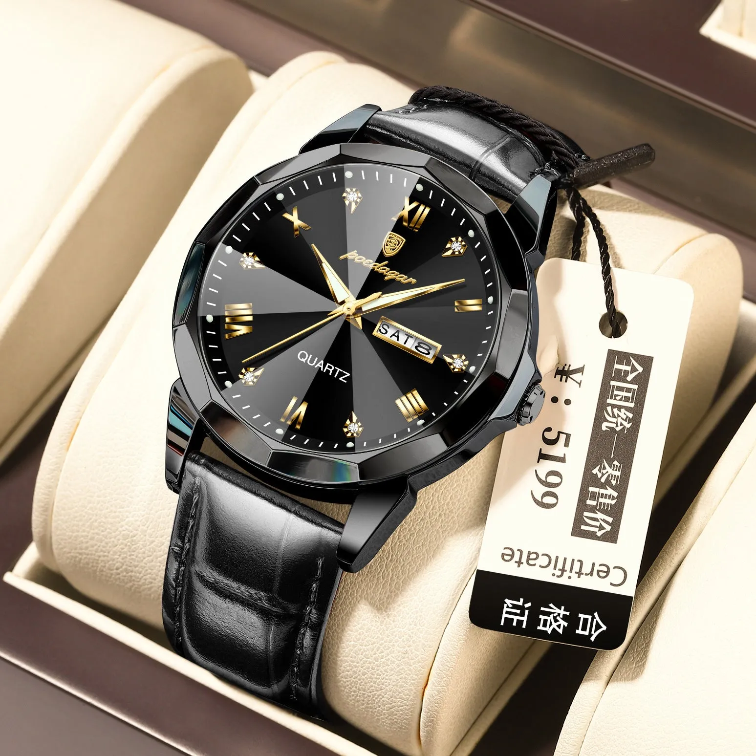 Men's belt style luminous quartz watch with genuine leather strap and round alloy case on display