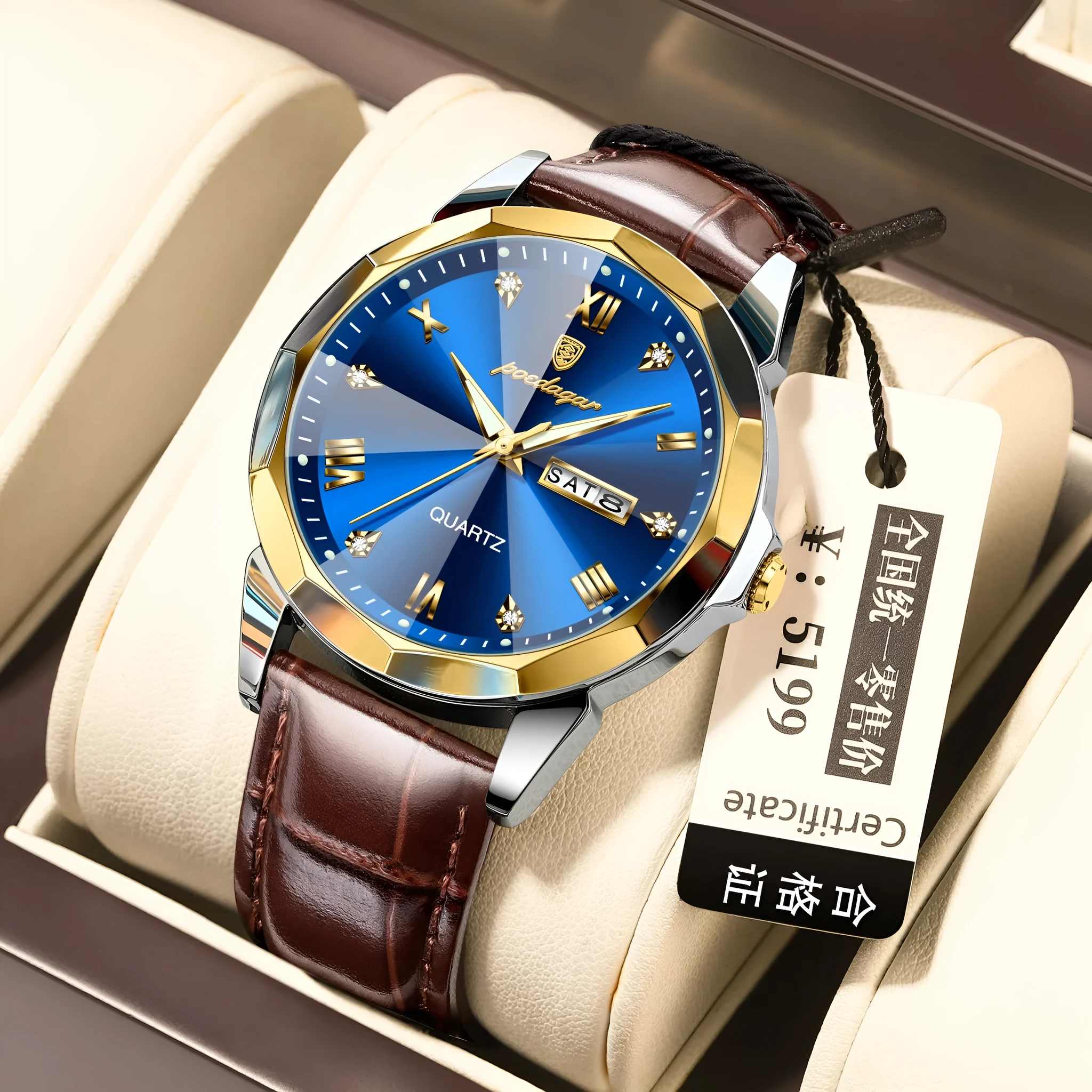 Men's belt style luminous quartz watch with genuine leather strap and round alloy case on display