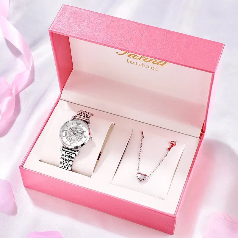 Women's rose gold gypsophila alloy quartz watch with 32mm dial and matching titanium steel heart-shaped necklace