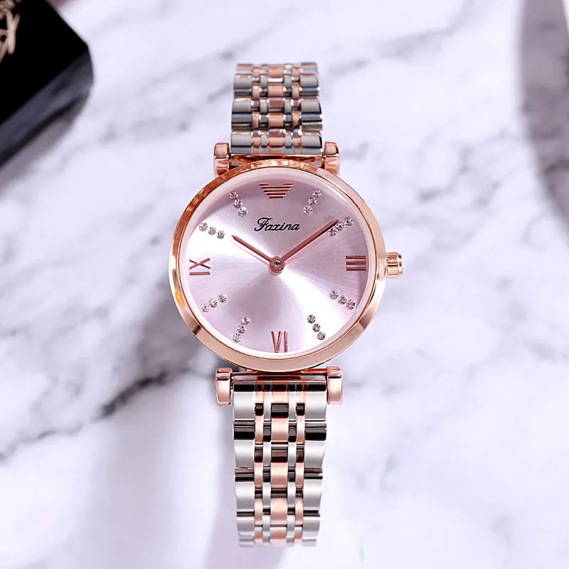 Women's rose gold gypsophila alloy quartz watch with 32mm dial and matching titanium steel heart-shaped necklace
