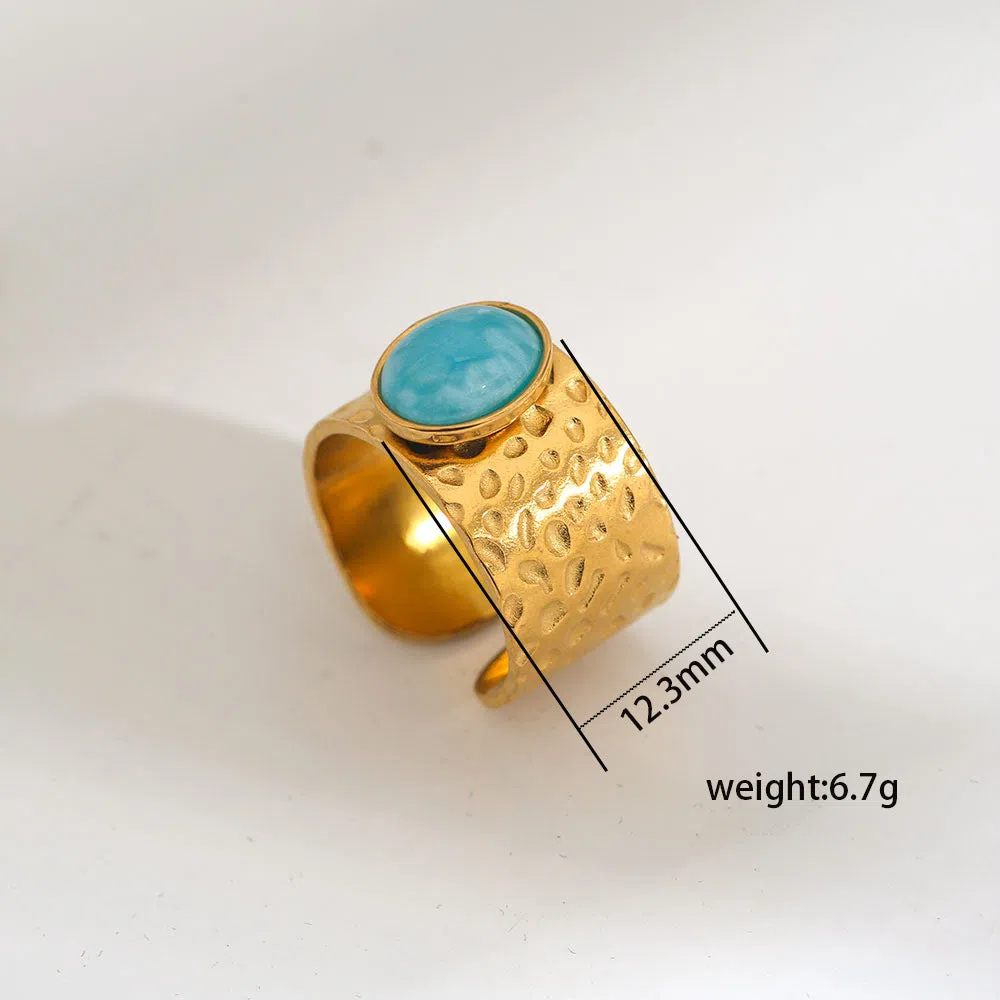Natural stone open ring for women, leaf shape, stainless steel, electroplated finish, round stone, Ins style
