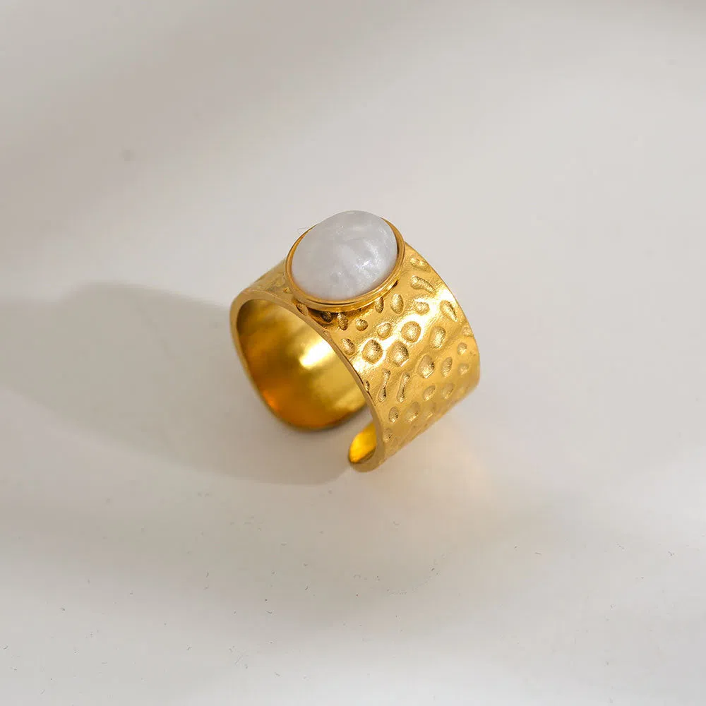 Natural stone open ring for women, leaf shape, stainless steel, electroplated finish, round stone, Ins style