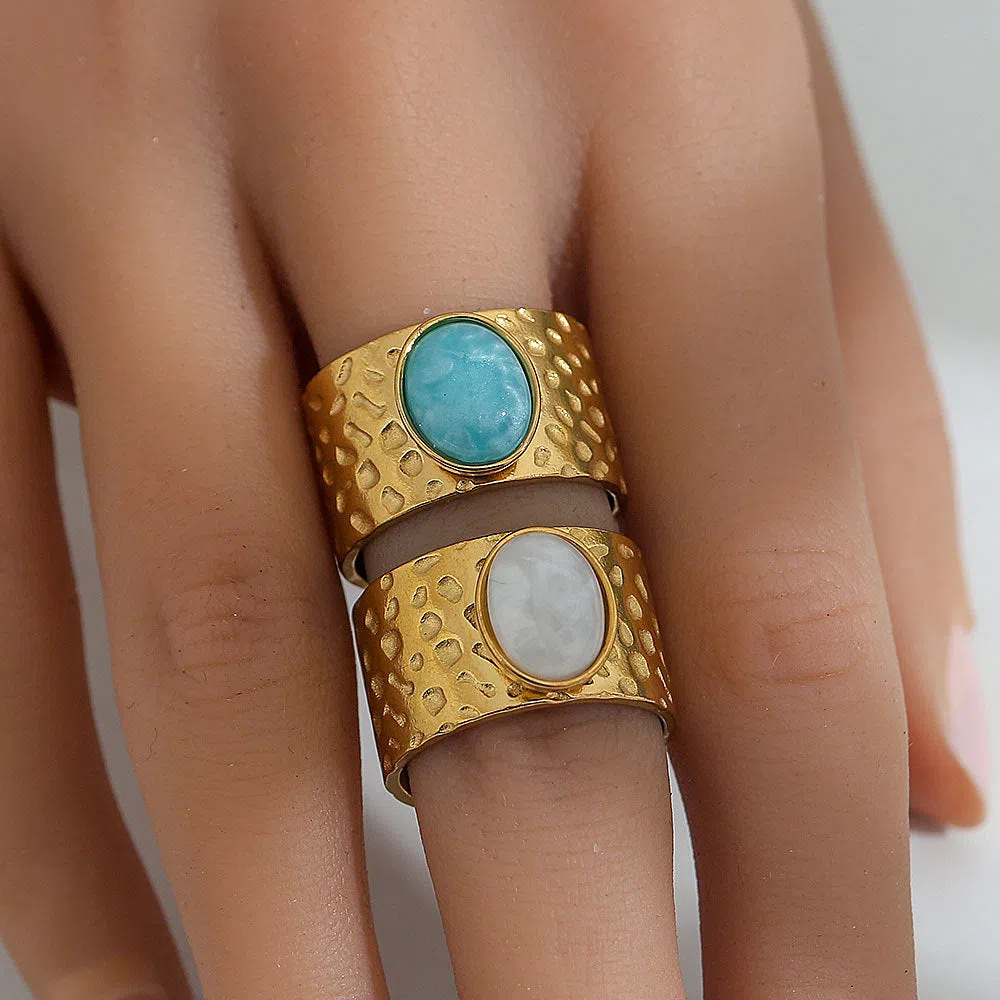Natural stone open ring for women, leaf shape, stainless steel, electroplated finish, round stone, Ins style