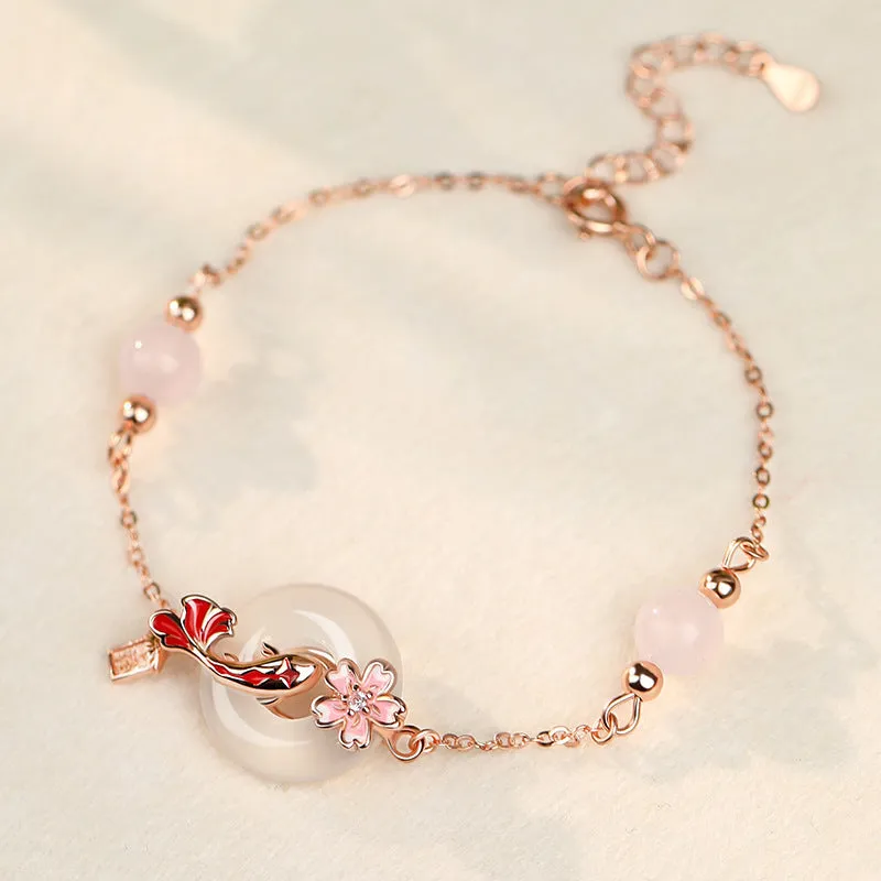 S925 sterling silver bracelet with white chalcedony crystal in a koi bracelet design for women.
