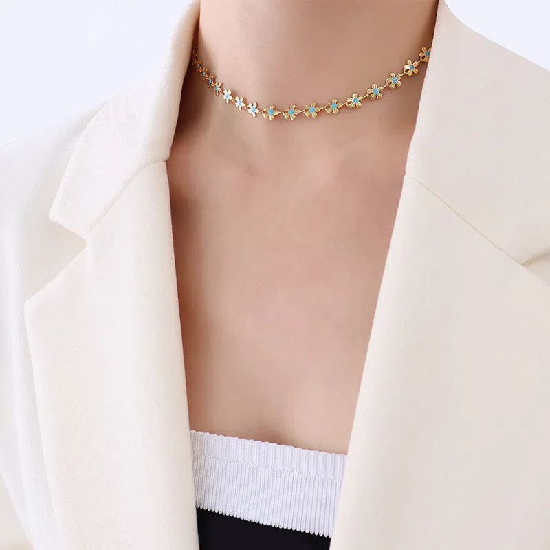 European and American style flower blue drip oil necklace and bracelet set on titanium steel chain