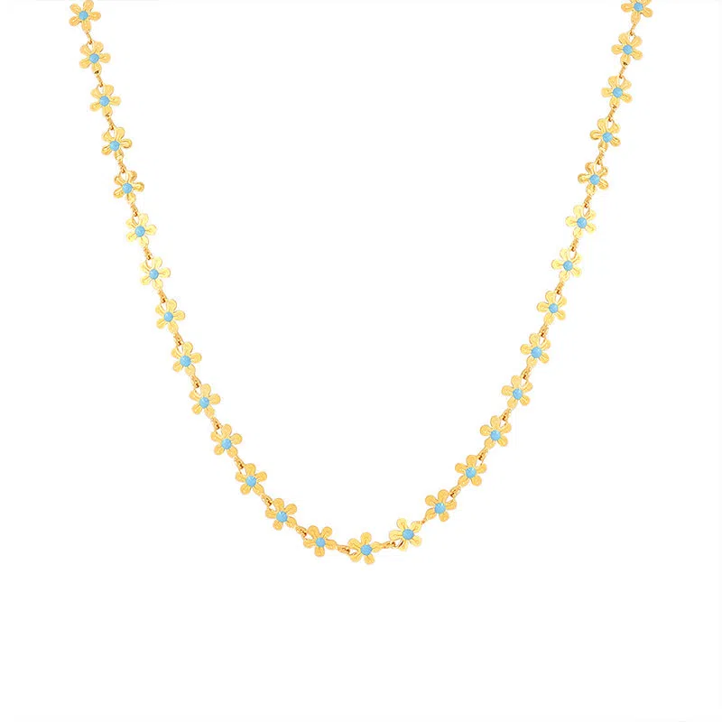 European and American style flower blue drip oil necklace and bracelet set on titanium steel chain