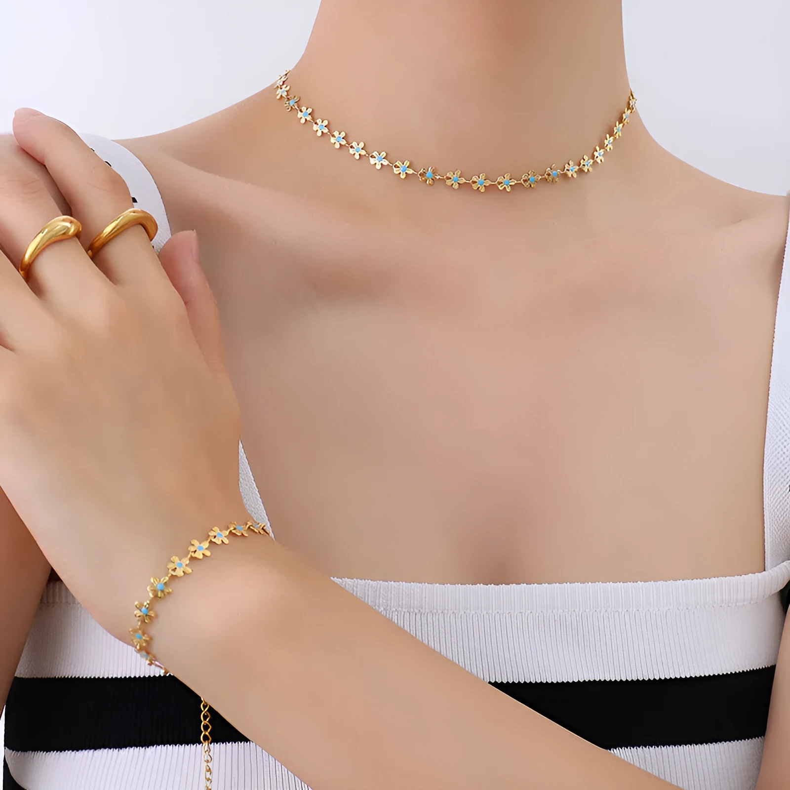 European and American style flower blue drip oil necklace and bracelet set on titanium steel chain