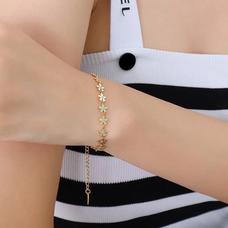 European and American style flower blue drip oil necklace and bracelet set on titanium steel chain