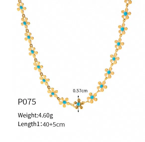 European and American style flower blue drip oil necklace and bracelet set on titanium steel chain