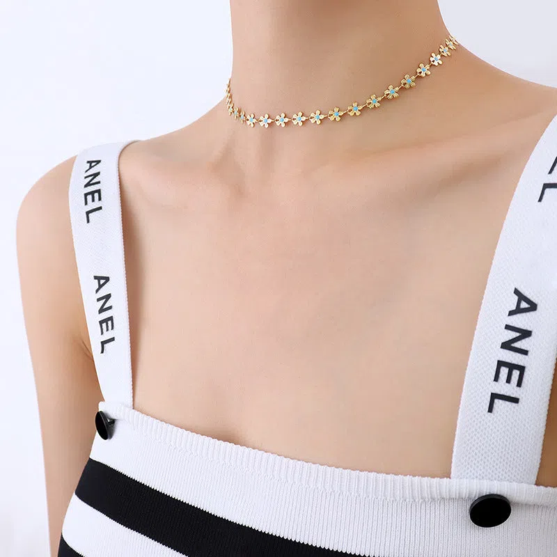 European and American style flower blue drip oil necklace and bracelet set on titanium steel chain