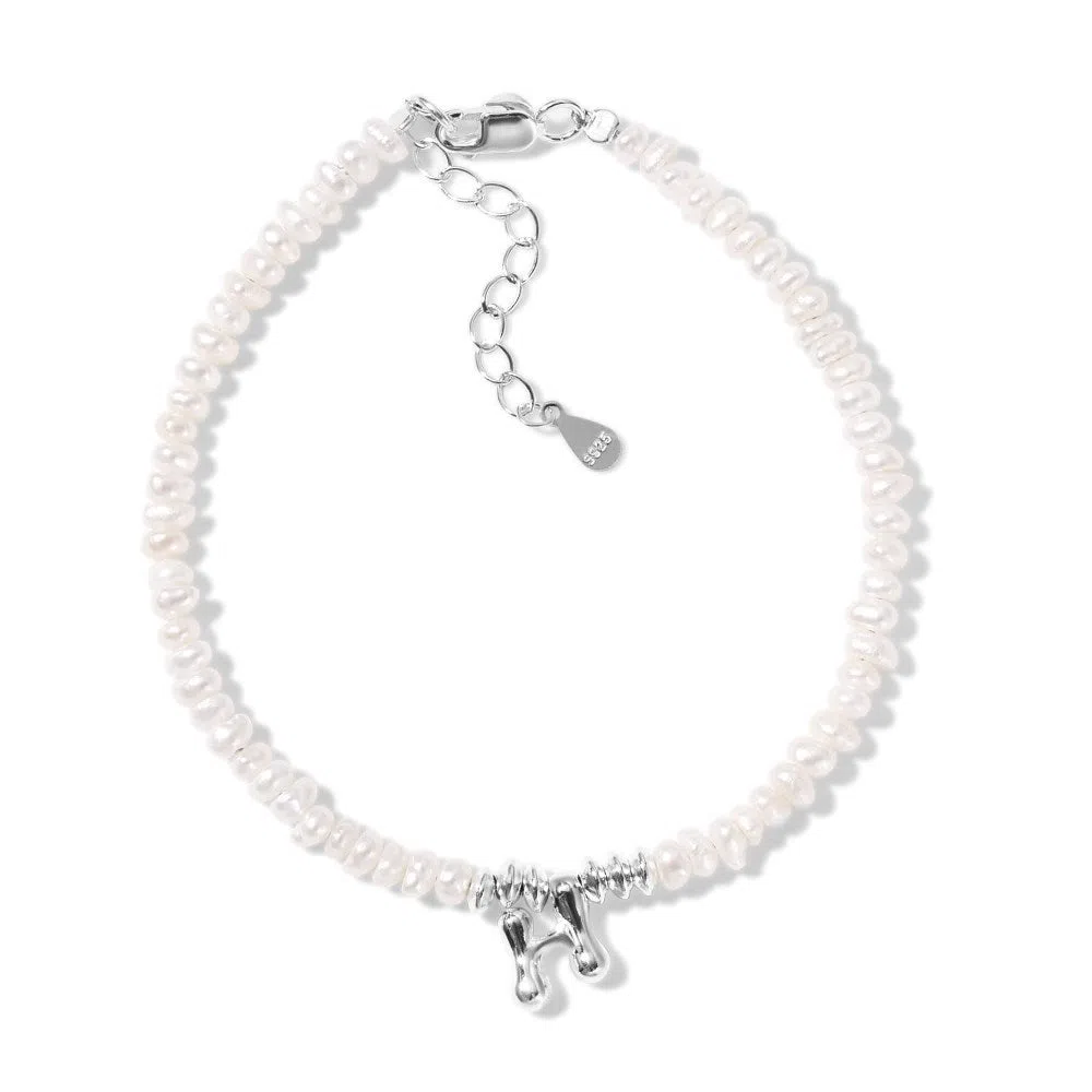 Natural freshwater pearl bracelet with 925 silver chain and electroplated letter charm