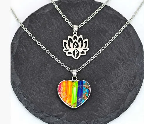 Seven-colour heart-shaped emperor stone lotus double-layer necklace in silver tone on display