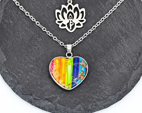Seven-colour heart-shaped emperor stone lotus double-layer necklace in silver tone on display