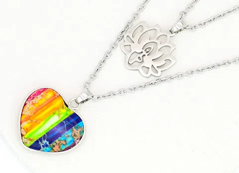 Seven-colour heart-shaped emperor stone lotus double-layer necklace in silver tone on display