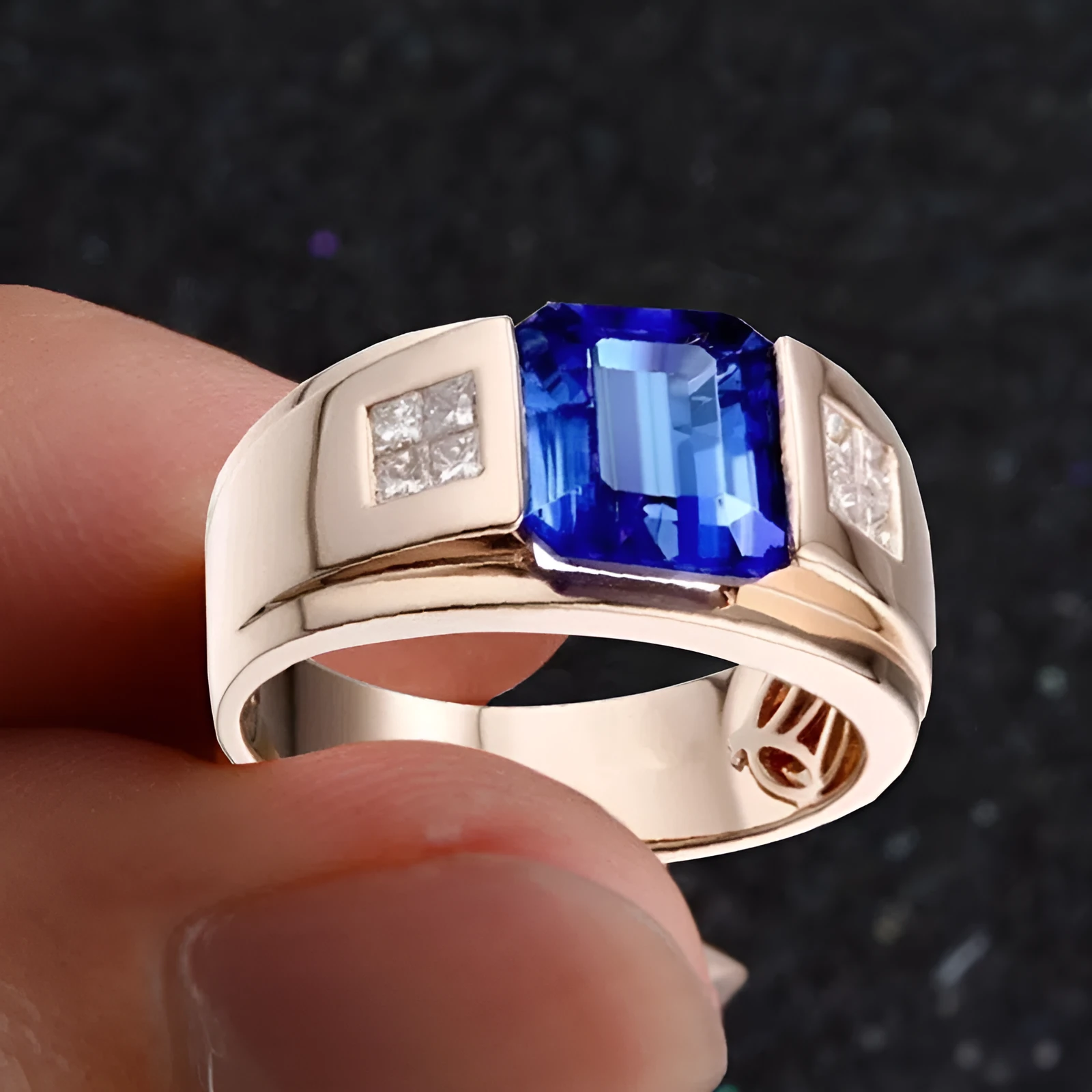 Sapphire retro crystal alloy ring in rose gold with antique finish and geometric irregular shape on white background