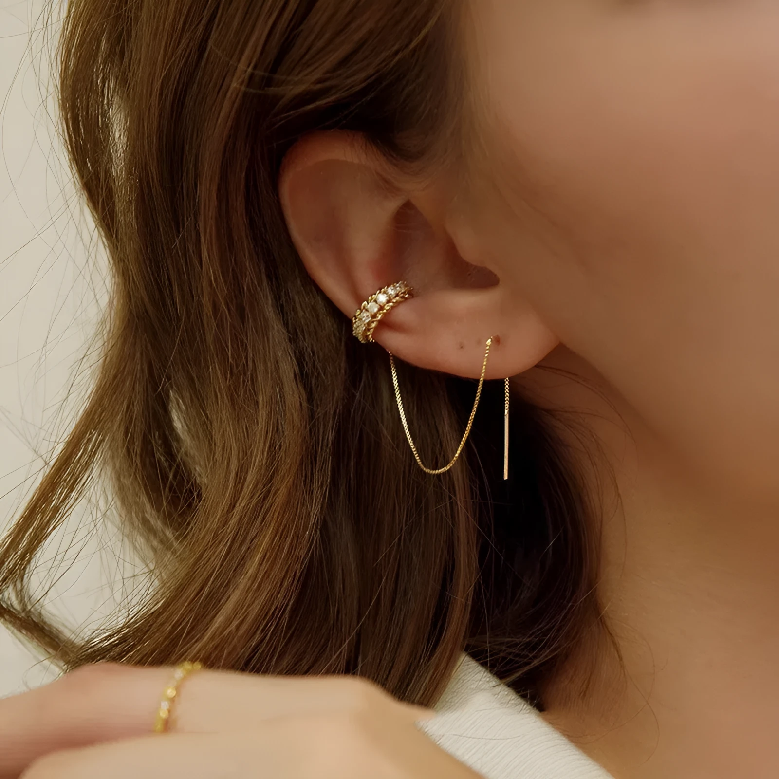 Gold C-shaped diamond fringe earrings on copper base minimalist geometric design women's drop earrings