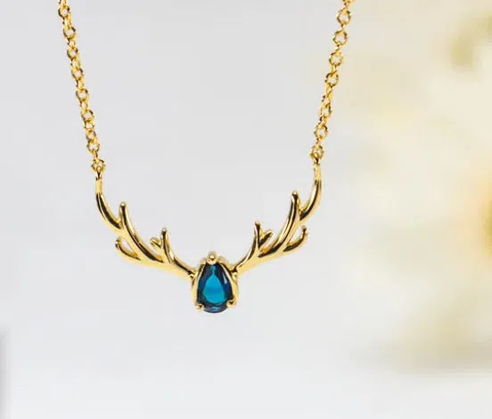 Women's copper deer pendant necklace with blue stone option on O-link chain, light luxury Korean style