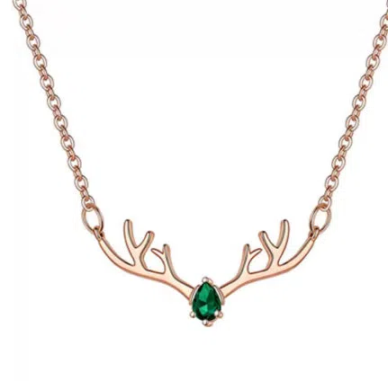 Women's copper deer pendant necklace with blue stone option on O-link chain, light luxury Korean style
