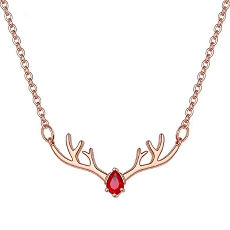 Women's copper deer pendant necklace with blue stone option on O-link chain, light luxury Korean style